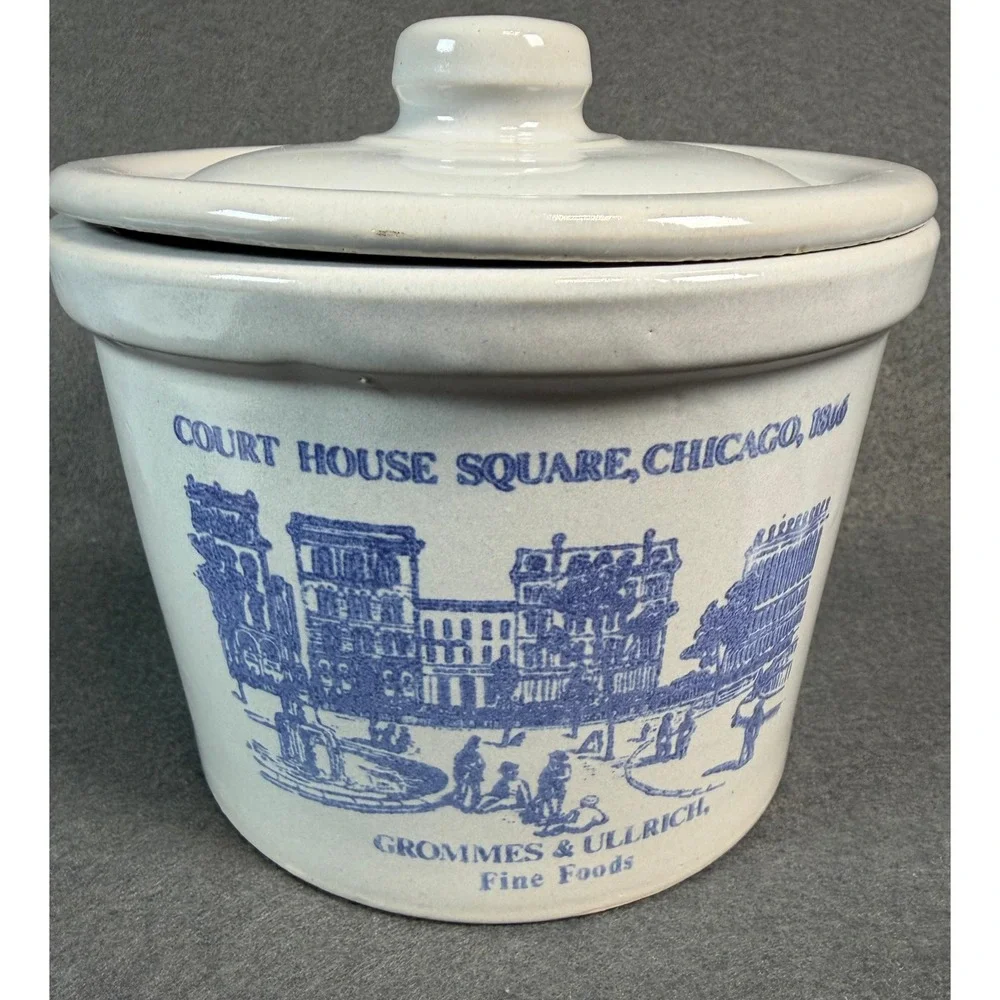 Grommes & Ullrich Fine Foods Chicago‎ 1866 Ceramic Crock with Lid Blue White
